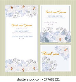 Vector.
Set wedding invitation cards. congratulations and gratitude. Delicate white lilies and purple flowers on a white background.