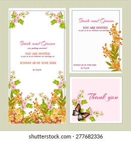 Vector.
Set wedding invitation cards. congratulations and gratitude. Yellow and pink tones with flowers and butterfly.