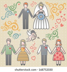 Vector set for wedding invitation with couples, scrolls, cupid and hearts. It can be used for decorating of invitations, cards, brochures, magazines, leaflets. Design elements, designers toolkit.