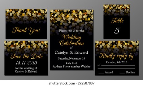 Vector set of wedding invitation, rsvp, table and save the date cards decorated with golden glitter and bokeh.