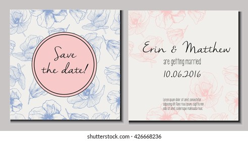 Vector set of wedding invitation. Save the date double-sided card. Trendy color Rose quartz and Serenity. Poppy pattern background and round text template. Hand drawn. 