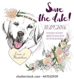 Vector set of wedding invitation. Save the date card. Trendy style of 2016 summer boho chic. Dog portrait wearing the flower headpiece and heart coulomb. Decorated with large flower bouquet. 