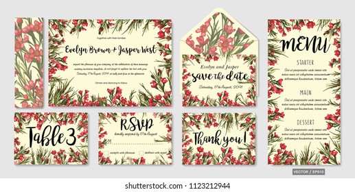 Conjunto vectorial de plantillas de invitación de boda con hojas y flores de cera y lugar para el texto. Guarde la fecha, gracias, rsvp, amor.
