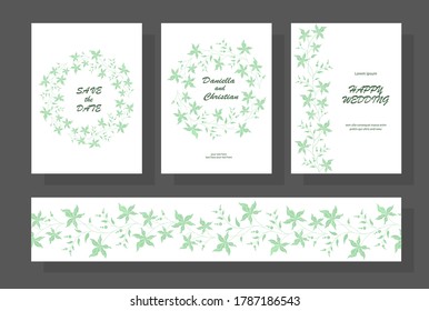 Vector set of wedding invitations with abstract leaves. Green frame. Botanical map with wild leaves. Seamless pattern with leaves. Vector illustration.