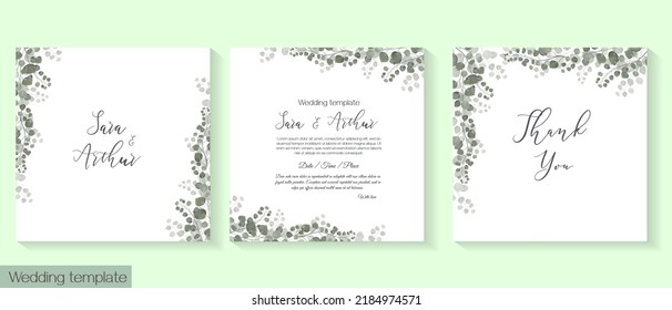 Vector set for wedding invitations. Eucalyptus and plants. Invitation card, thank you