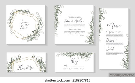 Vector Set For Wedding Invitations. Eucalyptus And Plants, Polygonal Gold Frame. Invitation Card, Thank You, Rsvp, Menu