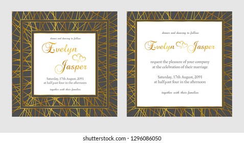 Vector set of wedding invitations. On a dark black gray background with gold lines, stripes, guides. In a decorative square frame. Template constructor cards, invitation
