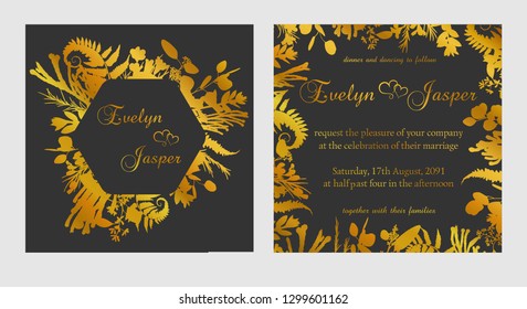 Vector set of wedding invitations. On a dark black gray background with gold lines, stripes, guides. In a decorative square frame. Plant silhouette, template constructor cards, invitation
