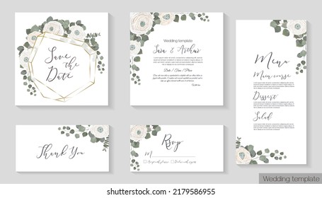 Vector set for wedding invitations. White roses, polygonal gold frame, eucalyptus. Invitation card, thank you, rsvp, menu