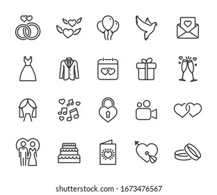 Vector Set Of Wedding Line Icons. Contains Icons Bride And Groom, Rings, Invitation, Wedding Cake, Gift, Love Hearts, Doves And More. Pixel Perfect.