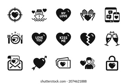 Vector set of Wedding locker, Social media and Kiss me icons simple set. My love, Valentine target and Champagne glasses icons. Love tickets, Romantic dinner and Break up signs. Vector
