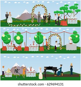 Vector set of wedding posters, banners in flat style. Bride and groom, priest, guests, restaurant staff, musicians, wedding arch and cake flat style design elements.