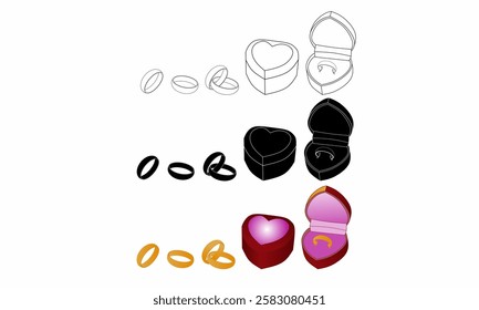 Vector set of wedding rings and heart-shaped ring boxes in outline, silhouette, and color versions. Ideal for romance, engagement, marriage, and jewelry design themes