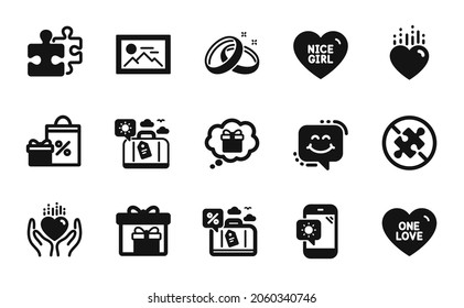 Conjunto vectorial de anillos de boda, Niza chica e íconos del rompecabezas conjunto simple. Iconos de teléfono de corazón, compras y meteorología. Un amor, equipaje de viaje y carteles de ensueño de regalo. La boda suena a simple símbolo web. Vector