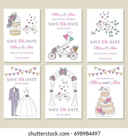 Vector set of wedding save the date and invitation hand drawn cute cards, with wedding dress, groom suit, bicycle,cute birds, wedding cake, birdcage, arch.