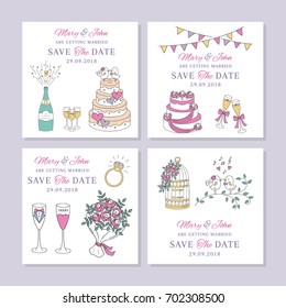 Vector set of wedding save the date and invitation hand drawn cute card templates, with wedding cakes,champagne and glasses, cute singing birds, birdcage, engagement ring, bridal bouquet.