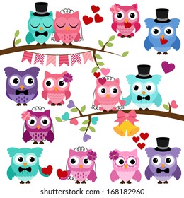 Vector Set of Wedding Themed Owls and Branches
