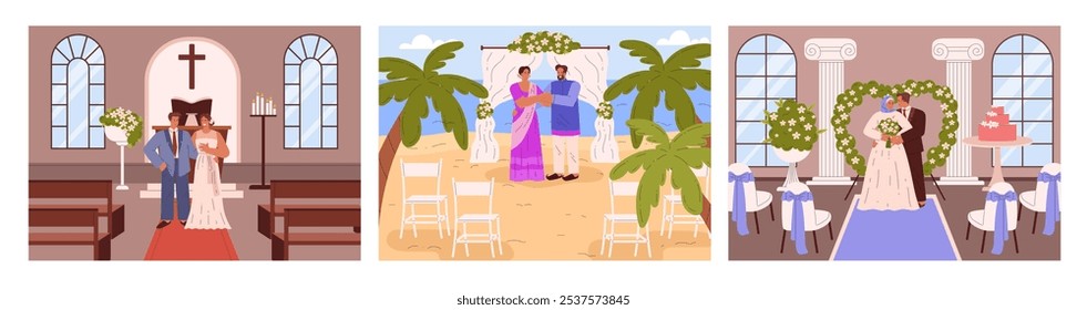 Um vetor com um local de casamento para a noiva e o noivo. Há um arco de casamento, flores e um fundo de praia e igreja, ideal para momentos inesquecíveis.