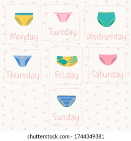 Conjunto vectorial de calzoncillos coloridos semanales con los nombres de los días de la semana. Corazón rosado en segundo plano.