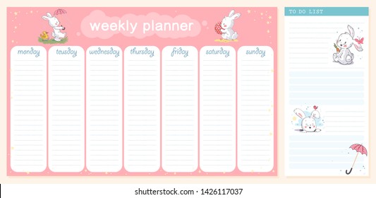 Vector set of weekly and daily planner page design template calendar for children. Cute hand drawn little bunny character. Flat lay, organizer mock up. Pastel colors. Back to school design.