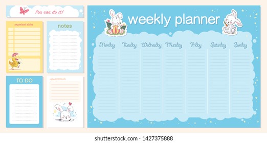 Vector set of weekly and daily planner page design template calendar for children. Cute hand drawn little bunny character. Flat lay, organizer mock up. Pastel colors. Back to school design.