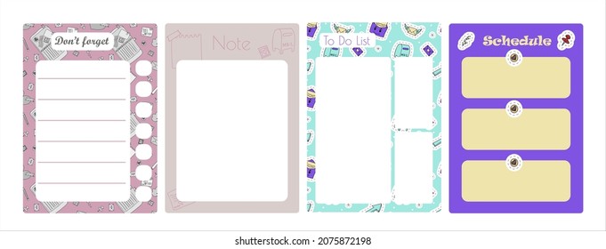 Vector set of weekly planner, to do list, note, background. School planner with doodle sketch. Hand-drawn elements for email. Icons with paper envelopes, letters, email
