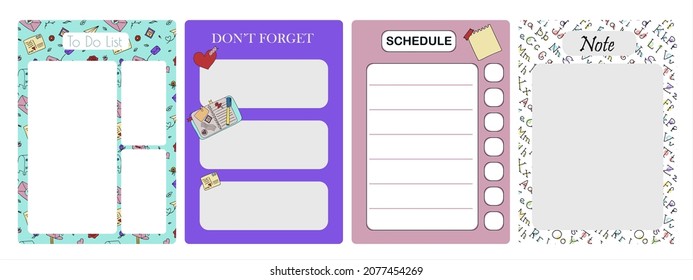Vector set of weekly planner, to do list, note, Schedule, background. School planner with doodle sketch. Hand-drawn elements for email. Icons with paper envelopes, letters, email