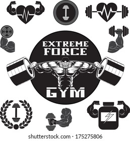 Vector Set: Weight Lifting, Labels and Stickers gymset, Gym
