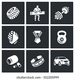 Vector Set of Weightlifting Show Icons. Wheel, Athlete, Barbell, Arm wrestling, Award, Kettlebell, Protein, Belt, Car. Tyre, Man, Weight, Hands, Medal, Sport Equipment, Steroid, Clothing Accessories, 