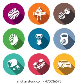 Vector Set of Weightlifting Show Icons. Wheel, Athlete, Barbell, Arm wrestling, Award, Kettlebell, Protein, Belt, Car.