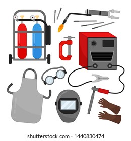 Vector set of welding equipment. Cartoon illustration of the welding machine, gas cylinders, equipment.