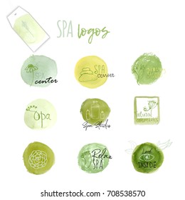 Vector set of wellness spa logos - natural signs and concepts for health centers, yoga classes on green stains