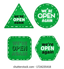 Vector set of we're open again text vintage. open again. reopening.we are open. we are reopening. we are open again. re-opening. please come in. we're re-open again. grand 