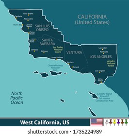 Vector set of West California, United States with neighboring counties