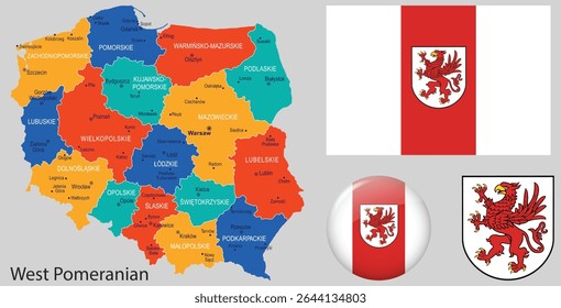 Vector set of West Pomerania Region, Poland, showing the official flag, coat of arms, and map. Ideal for Polish heritage, education, and editorial design use.