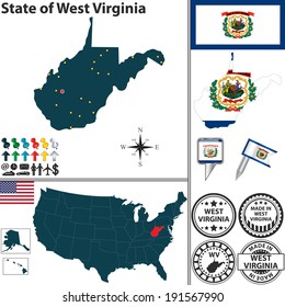 Vector set of West Virginia state with flag and icons on white background