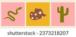 Vector set of western illustration. Retro square posters with cowboy hat, cactus and snake. Wild west and Texas concept.