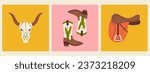 Vector set of western illustration. Retro square posters with cowboy boots, cow skull and saddle. Wild west and Texas concept.