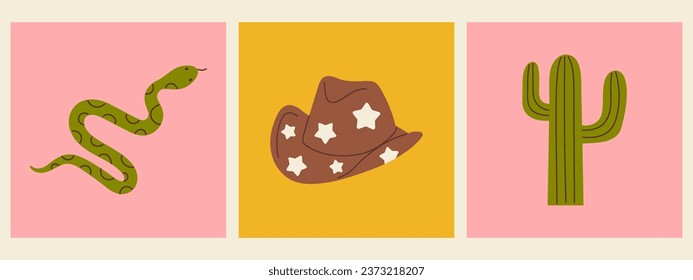 Conjunto de vectores de la ilustración occidental. Afiches cuadrados retro con sombrero de vaquero, cactus y serpiente. Concepto del oeste salvaje y Texas.