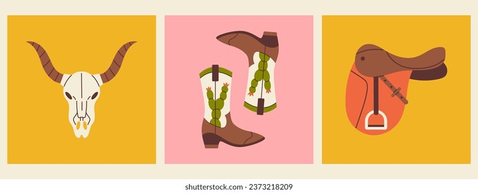 Vector set of western illustration. Retro square posters with cowboy boots, cow skull and saddle. Wild west and Texas concept.