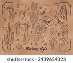 Vector set of western style equipment isolated on light brown background. Wild West collection with cactus, bull skull, cowboy hat, boots, saddle, bridle, bit, horseshoe, spur, wheel and elements