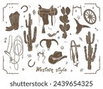 Vector set of western style equipment isolated on white background. Wild West collection with cactus, bull skull, cowboy hat, boots, saddle, bridle, bit, horseshoe, spur, wheel and decorative elements
