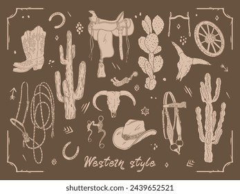 Vector set of western style equipment isolated on brown background. Wild West collection with cactus, bull skull, cowboy hat, boots, saddle, bridle, bit, horseshoe, spur, wheel and decorative elements