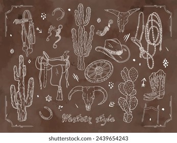 Vector set of western style equipment isolated on brown background. Wild West collection with cactus, bull skull, cowboy hat, boots, saddle, bridle, bit, horseshoe, spur, wheel and decorative elements