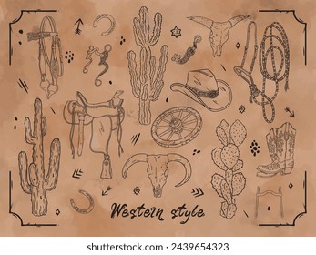 Conjunto vectorial de equipo de estilo occidental aislado sobre fondo marrón claro. Colección Wild West con cactus, calavera de toro, sombrero de vaquero, botas, silla de montar, brida, bit, herradura, espolón, rueda y elementos