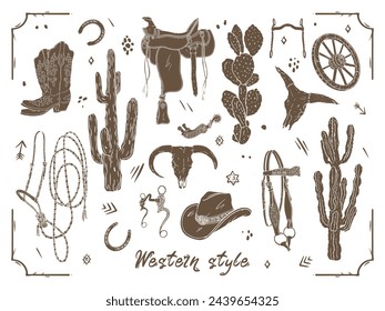 Conjunto vectorial de equipo de estilo occidental aislado sobre fondo blanco. Colección Wild West con cactus, calavera de toro, sombrero de vaquero, botas, silla de montar, brida, bit, herradura, espolón, rueda y elementos decorativos