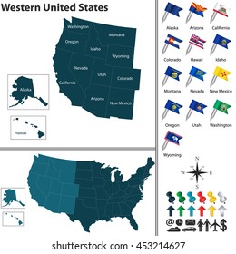 Vector Set Of Western United States With Flags And Map On White Background