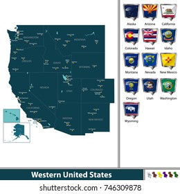 Vector Set Of Western United States With Flags And Map On White Background