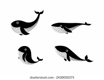 Vector set of whale silhouettes, signs and symbols