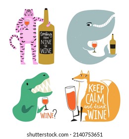 Vector set with whale, tiger, dinosaur, fox and wine. Lettering typography collection with drinks and animals